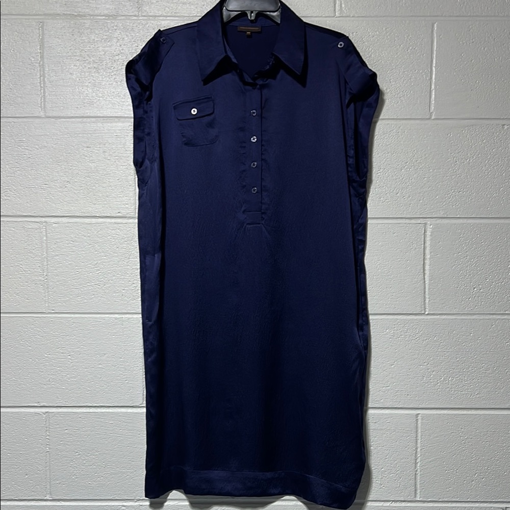 Adolfo Dominguez Blue 100% Silk Midi Dress Polo Collar & Pockets! Spain made